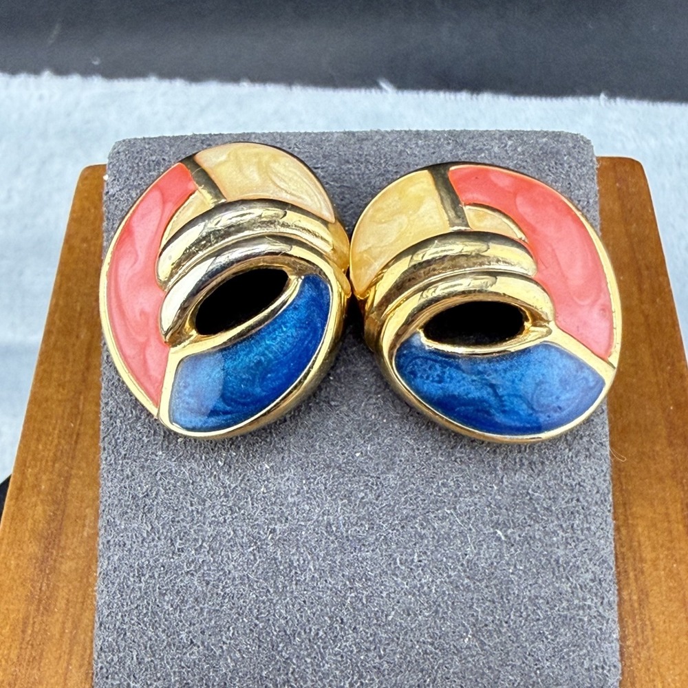 Vintage Enamel Pierced Earrings  Signed Allison Reed Gold tone Retro Summer
